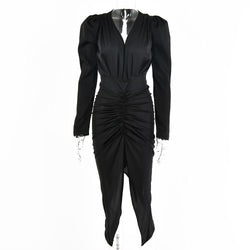 Satin Ruched Womne Puff Long Sleeve Midi Dress Slit V Neck Hollow Out Bodycon Sexy Party Elegant 2021 Summer Clothes