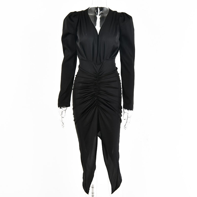 Satin Ruched Womne Puff Long Sleeve Midi Dress Slit V Neck Hollow Out Bodycon Sexy Party Elegant 2021 Summer Clothes
