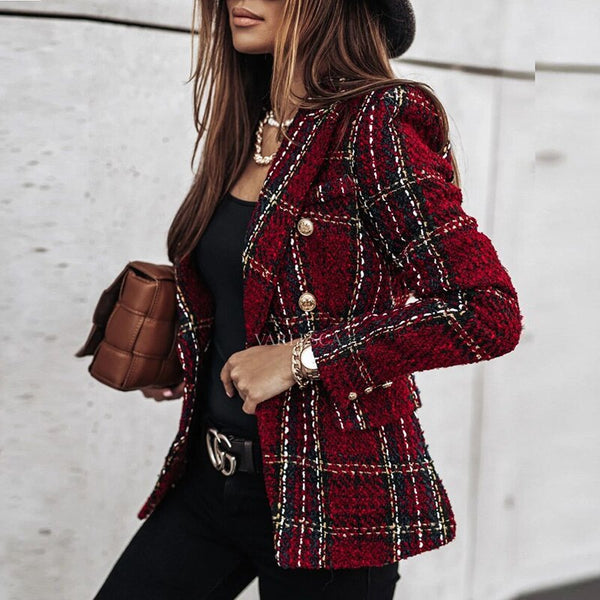 Elegant Plaid Print Slim Women Coats