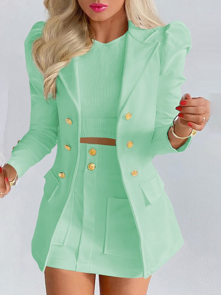 Elegant Puff Long Sleeve Coat Set  Button Blazer Tops And Slim Mini Skirt Suit