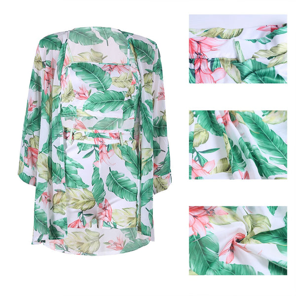 3 Pcs Chiffon Women Set Print Long Outwear Short Tops and Shorts Summer Beach Outfit