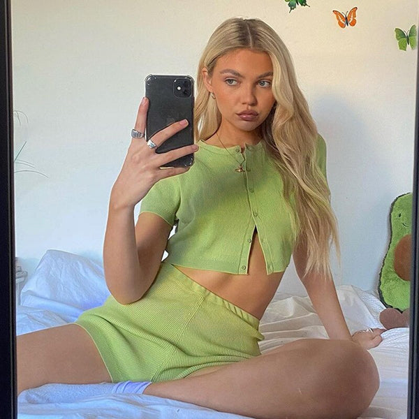 Womens Outfits Casual Slim Green Elastic Tracksuit Crop Top Y2K Sets