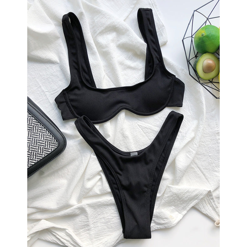 Sexy Bikinis Ribbed Swimsuits Women Swimwear Push Up Bathing Suits High Leg Beachwear Solid Black Biquini 2021 New