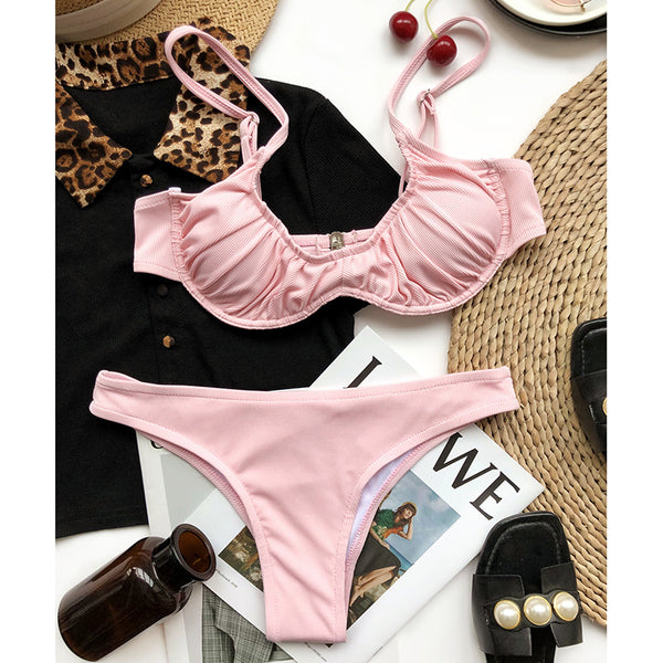 Push Up Bikinis Ribbed Swimsuits Women Swimwear Solid Ruched Bathing Suits High Leg Beachwear 2021 New Sexy Biquini