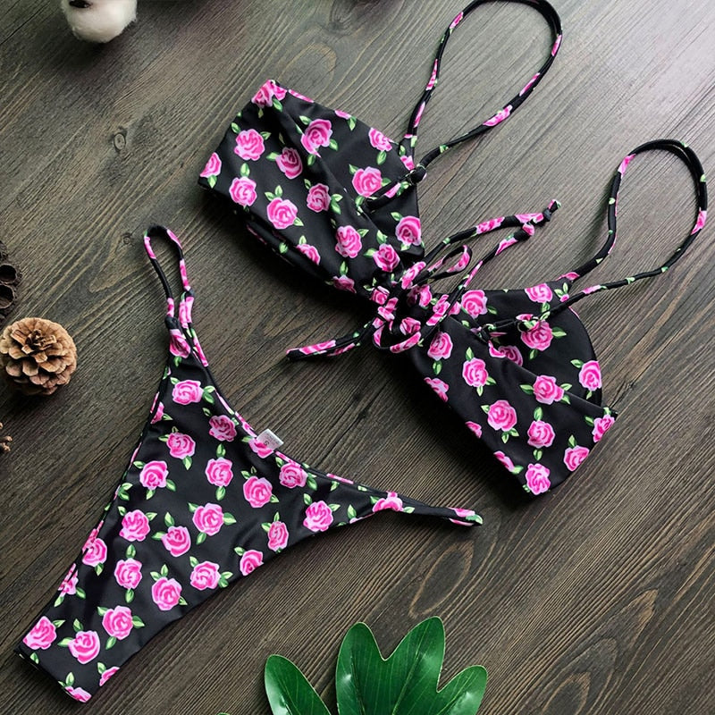 Halter Bikinis Micro Thong Swimsuit New 2 Piece Swimwear High Cut Bikini Set Print Bandage Beachwear