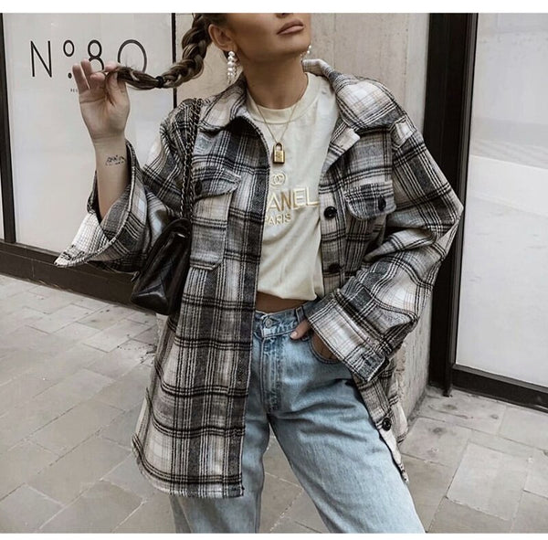 Plaid Shirt Jacket Women's Long Coat Autumn Winter Long Sleeve Outerwear