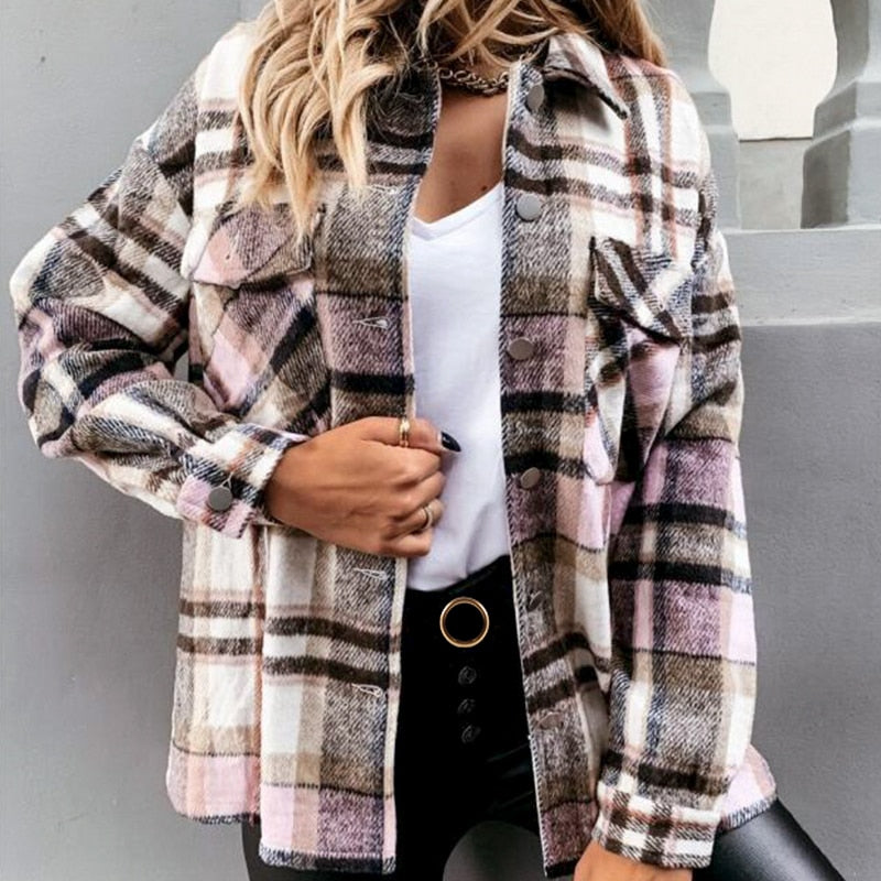 Plaid Blouse Button Long Sleeve Female Shirts Jacket