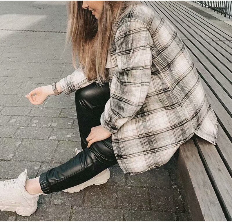 Plaid Shirt Jacket Women's Long Coat Autumn Winter Long Sleeve Outerwear