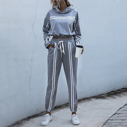 Casual Hooded Sweatshirt Striped Lace Up Sports Suit