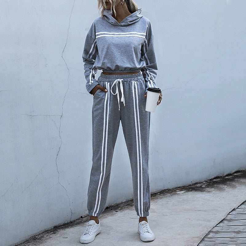 Casual Hooded Sweatshirt Striped Lace Up Sports Suit