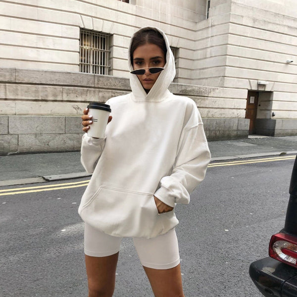 Autumn Winter Loose Long Sleeve Sweatshirt Top Hoodie and Biker Shorts Women Set