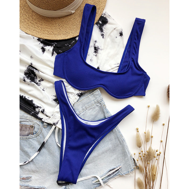 Sexy Bikinis Ribbed Swimsuits Women Swimwear Push Up Bathing Suits High Leg Beachwear Solid Black Biquini 2021 New