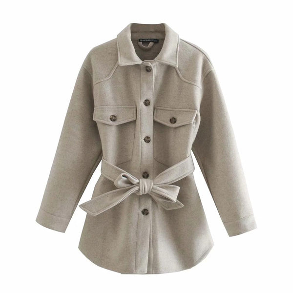 With Belt Loose Woolen Jacket Coat Vintage Long Sleeve Side Pockets Overcoat