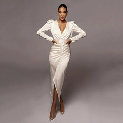 Satin Ruched Womne Puff Long Sleeve Midi Dress Slit V Neck Hollow Out Bodycon Sexy Party Elegant 2021 Summer Clothes