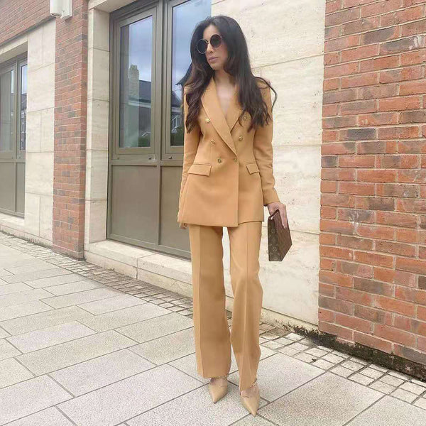 2-Piece Set Office Wear Double Breasted Blazer Coat Vintage High Waist Wide Leg Pants Chic Suit