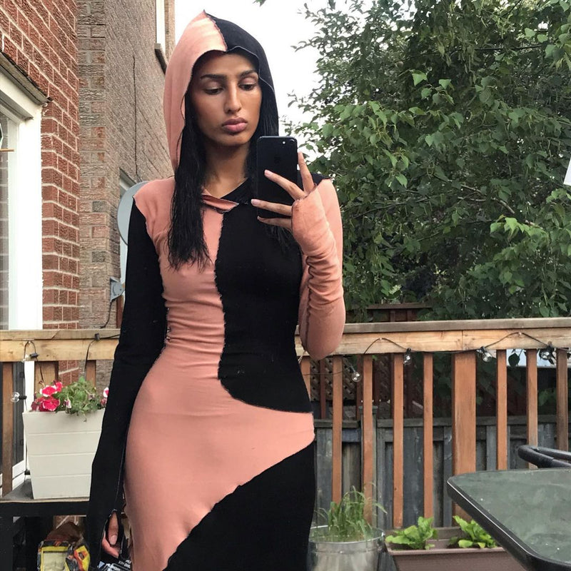 Long Sleeve Hooded Patchwork Skinny Maxi Dress