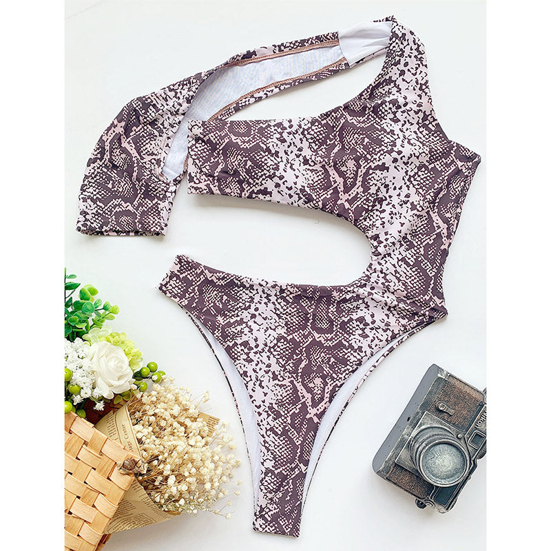 Sexy One Piece Swimsuits Snake Printed Swimwear Women's Cut Out Monokini High Cut Bodysuits 2021 New Backless Bathers