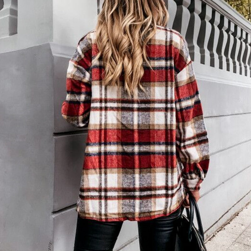 Plaid Blouse Button Long Sleeve Female Shirts Jacket