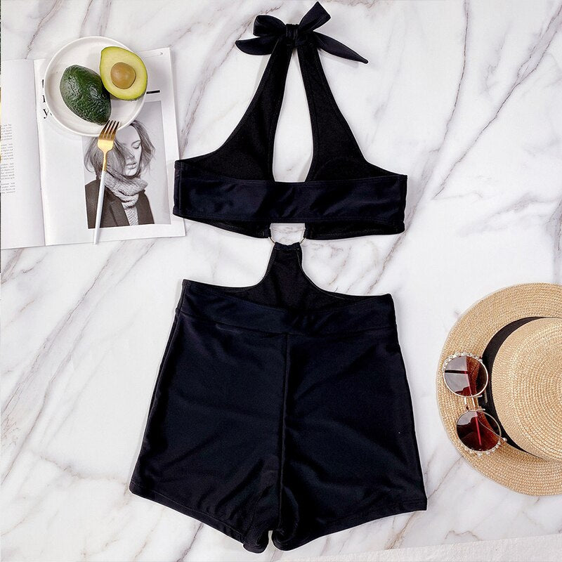 Summer Push Up Ring Bikini Swimsuit Women New Hollow Out Print Shorts One Piece Swimsuit Lady Halter Backless Beach Bathing Suit
