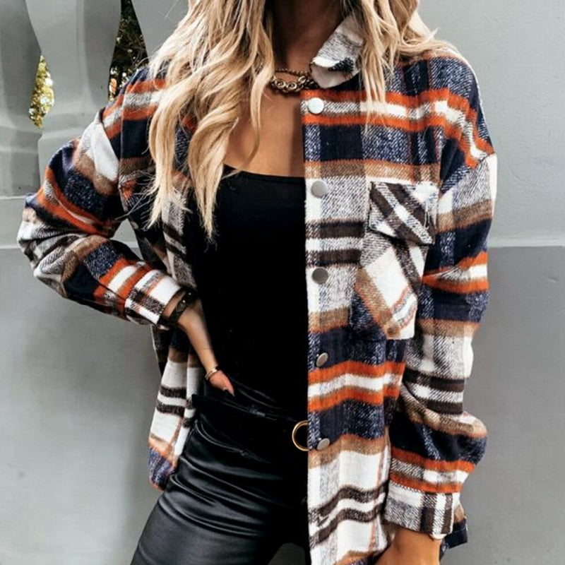Plaid Blouse Button Long Sleeve Female Shirts Jacket
