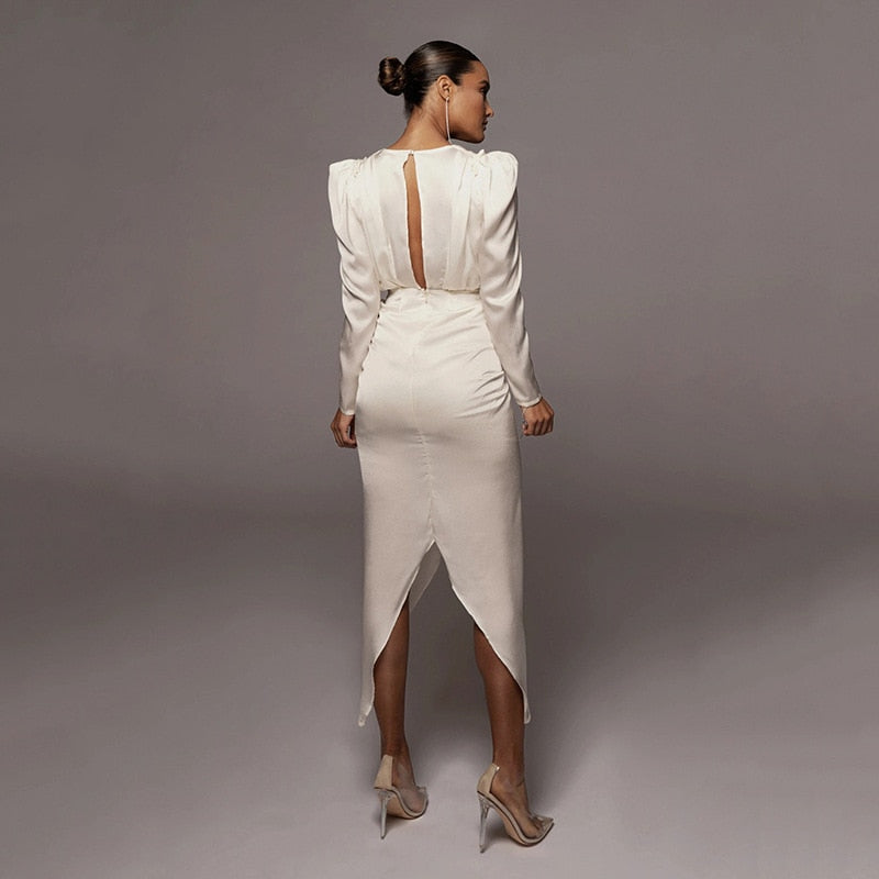 Satin Ruched Womne Puff Long Sleeve Midi Dress Slit V Neck Hollow Out Bodycon Sexy Party Elegant 2021 Summer Clothes