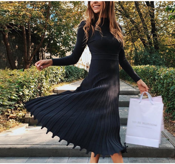 Solid Color Pleated Long Sweater Knitted Dress