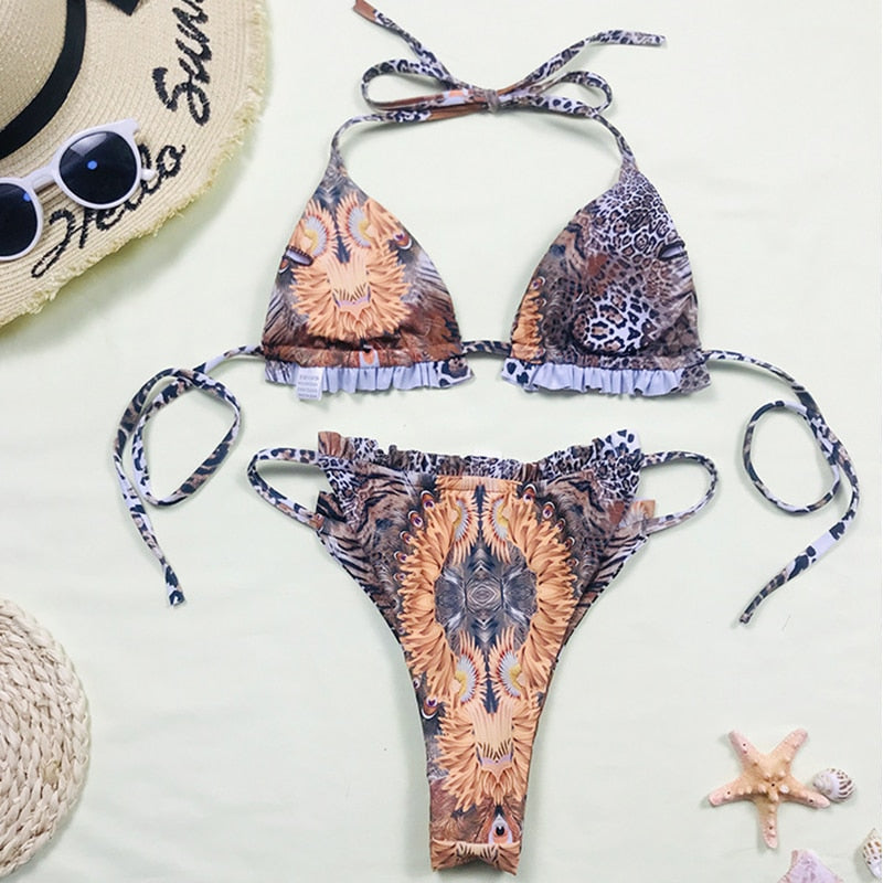 Sexy Pink Print Swimsuit 3pieces Mesh Bikini Set Triangle Micro Bikini String Halter Swimwear Women Low Waist Bathing Suit New