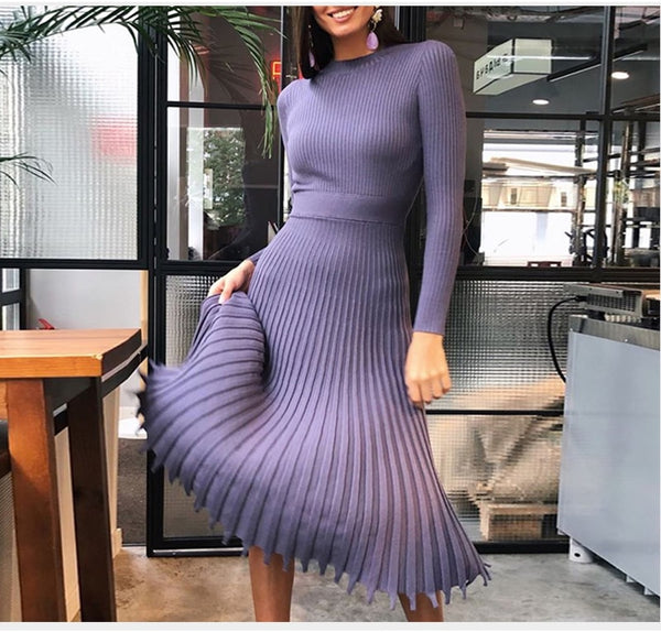 Solid Color Pleated Long Sweater Knitted Dress