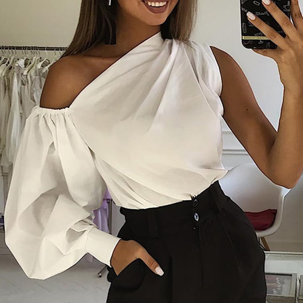 Women Elegant One Shoulder Solid Blouse Shirt
