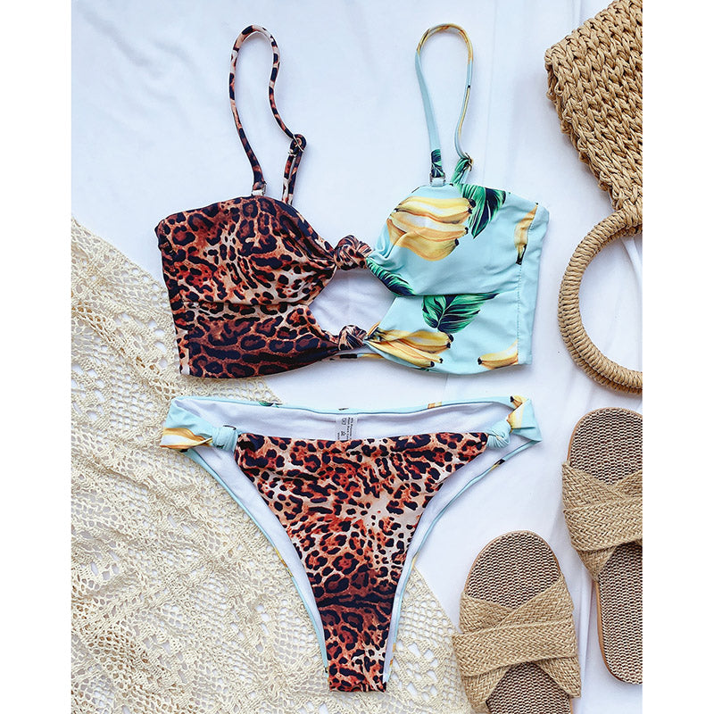 Patchwork Swimwear Cut Out Bikinis High Cut Bathing Suits Leopard Biquini Beachwear
