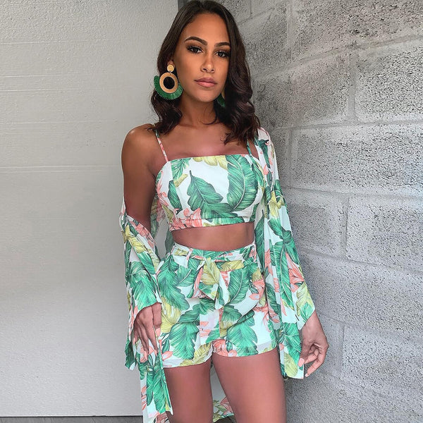 3 Pcs Chiffon Women Set Print Long Outwear Short Tops and Shorts Summer Beach Outfit