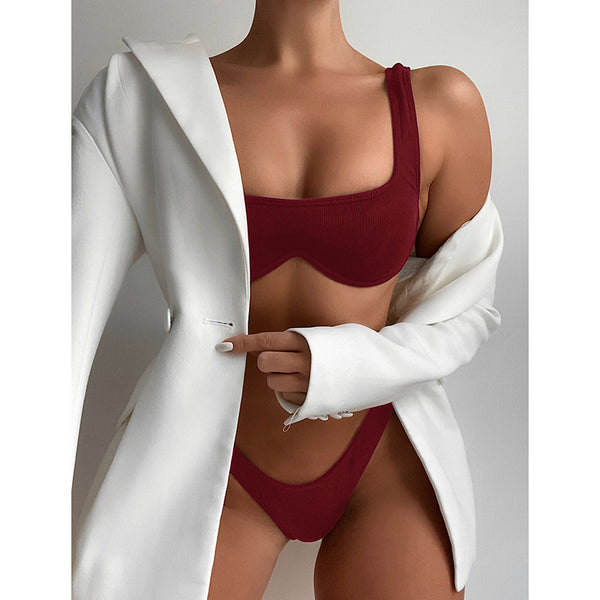 Sexy Bikinis Ribbed Swimsuits Women Swimwear Push Up Bathing Suits High Leg Beachwear Solid Black Biquini 2021 New
