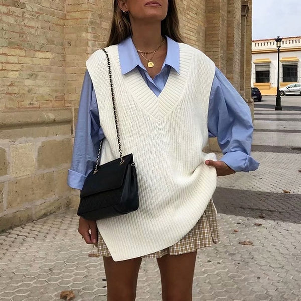 White V-Neck Sweater Winter Cosy Sleeveless Loose Pullover