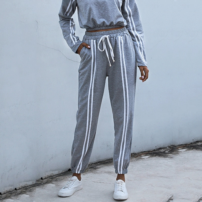 Casual Hooded Sweatshirt Striped Lace Up Sports Suit