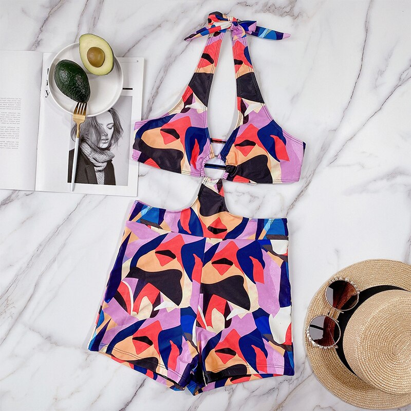 Summer Push Up Ring Bikini Swimsuit Women New Hollow Out Print Shorts One Piece Swimsuit Lady Halter Backless Beach Bathing Suit