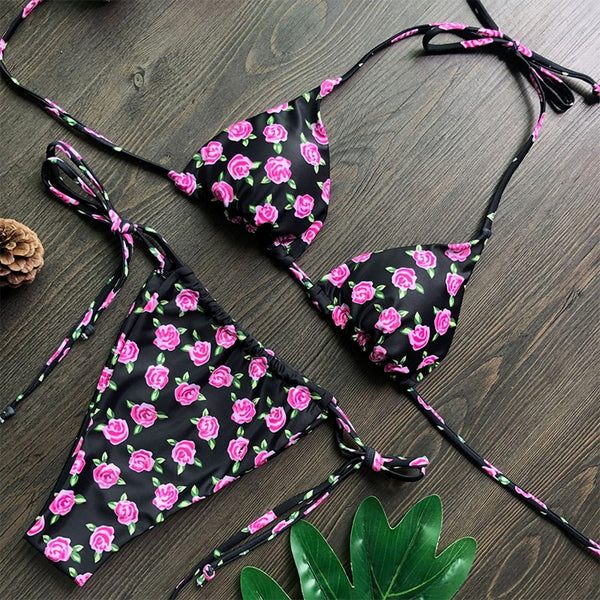 Halter Bikinis Micro Thong Swimsuit New 2 Piece Swimwear High Cut Bikini Set Print Bandage Beachwear