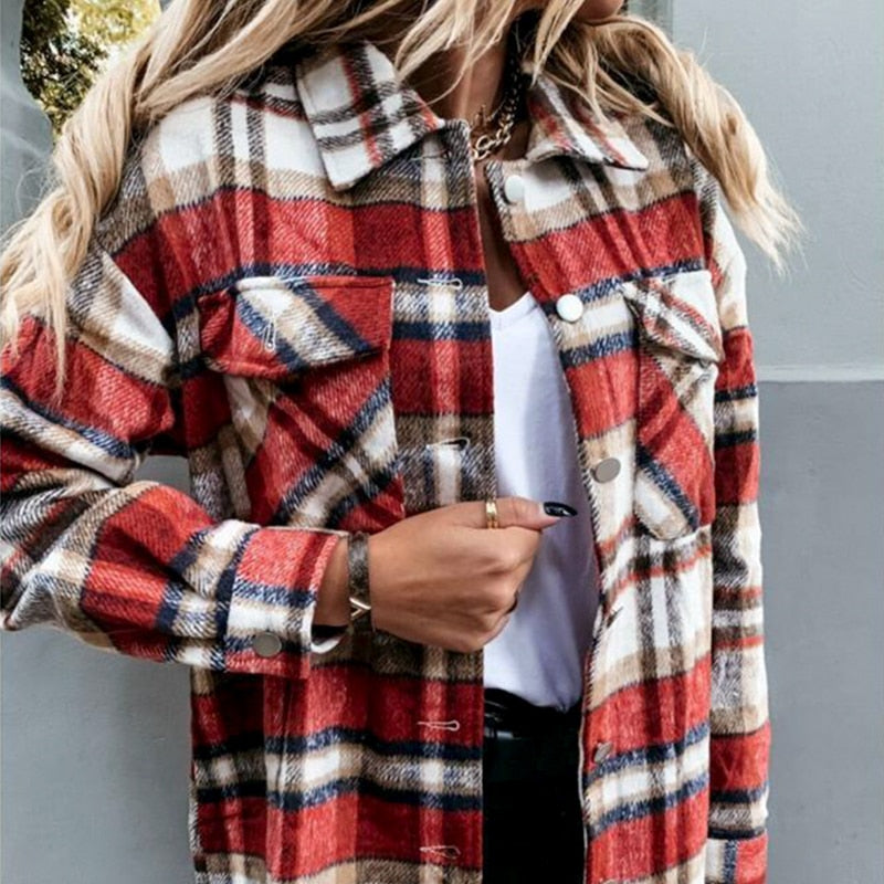 Plaid Blouse Button Long Sleeve Female Shirts Jacket