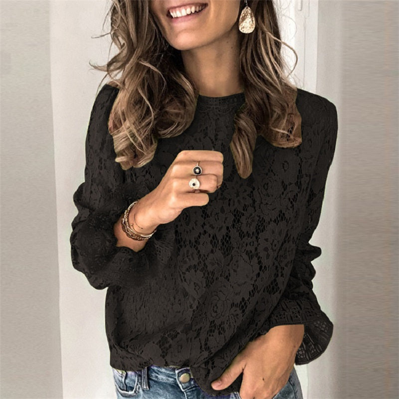 Summer Lace Crochet Flower Blouses Shirt Long Sleeve Shirt