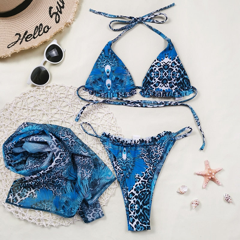 Sexy Pink Print Swimsuit 3pieces Mesh Bikini Set Triangle Micro Bikini String Halter Swimwear Women Low Waist Bathing Suit New