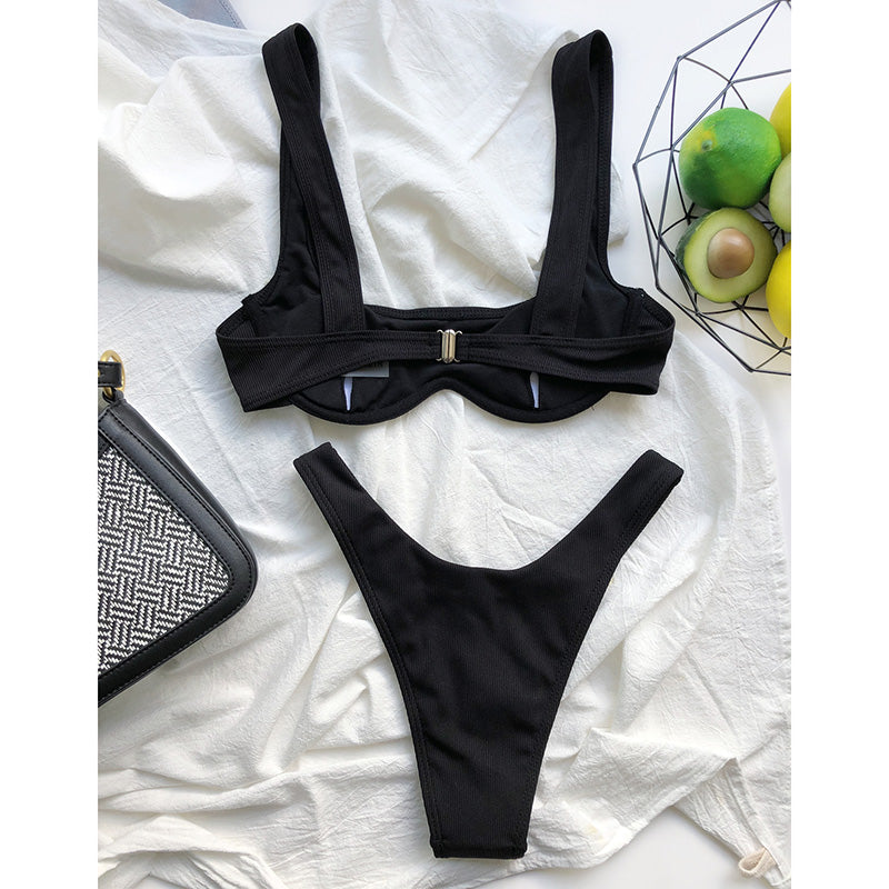Sexy Bikinis Ribbed Swimsuits Women Swimwear Push Up Bathing Suits High Leg Beachwear Solid Black Biquini 2021 New