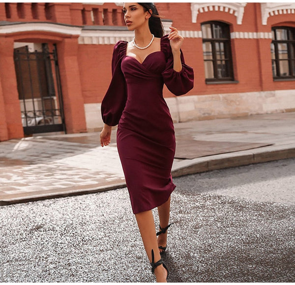 Women Lantern Sleeve Sexy Bodycon Midi Dress