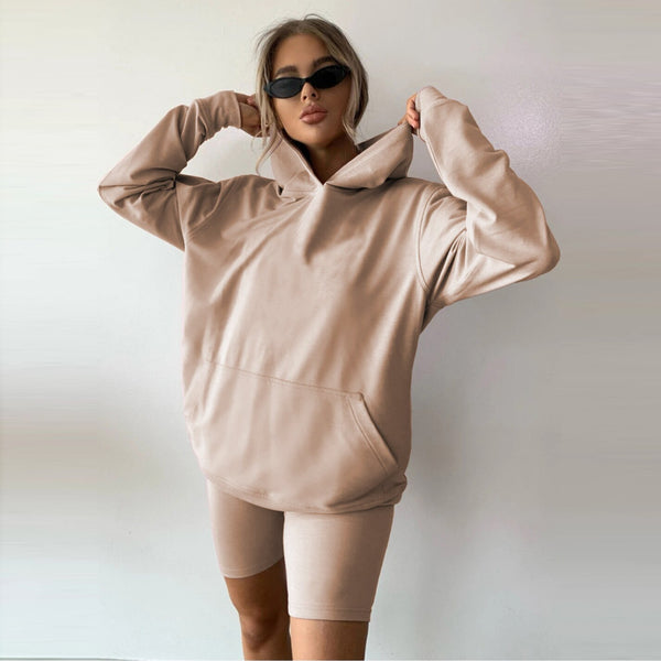 Autumn Winter Loose Long Sleeve Sweatshirt Top Hoodie and Biker Shorts Women Set
