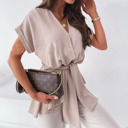 Summer V Neck Bandage Office Lady Blouses Women Spring Short Sleeve Solid Shirt Casual Loose Streetwear Tops Pullover Mujer