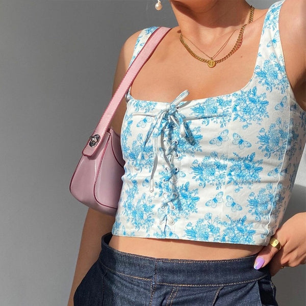 Floral Print Camis Women Summer Cross Lace-up Bandage Tank Tops Retro Cool Girl Sexy Slim Crop Top Tees