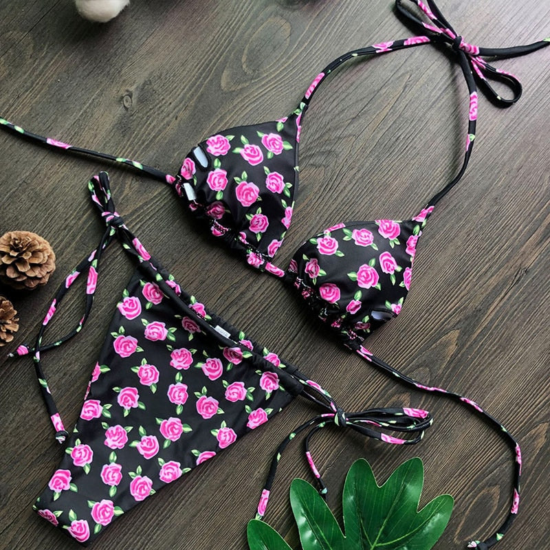 Halter Bikinis Micro Thong Swimsuit New 2 Piece Swimwear High Cut Bikini Set Print Bandage Beachwear