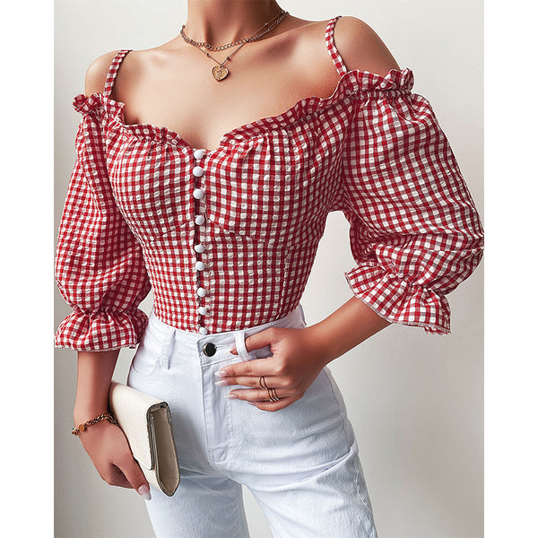 Cold Shoulder Plaid Print Frill Hem Top