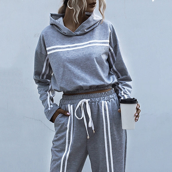 Casual Hooded Sweatshirt Striped Lace Up Sports Suit
