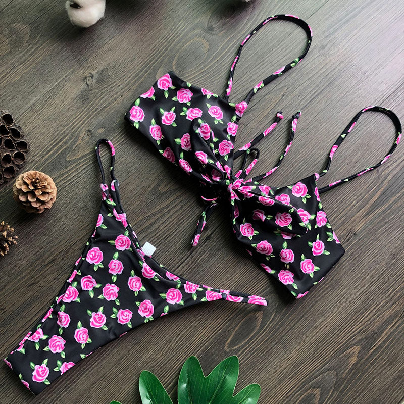 Halter Bikinis Micro Thong Swimsuit New 2 Piece Swimwear High Cut Bikini Set Print Bandage Beachwear