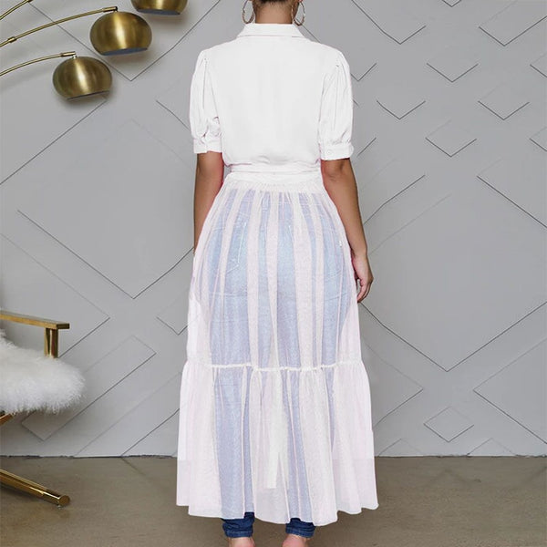 Autumn Office Stand Collar Shirt Mesh Dress