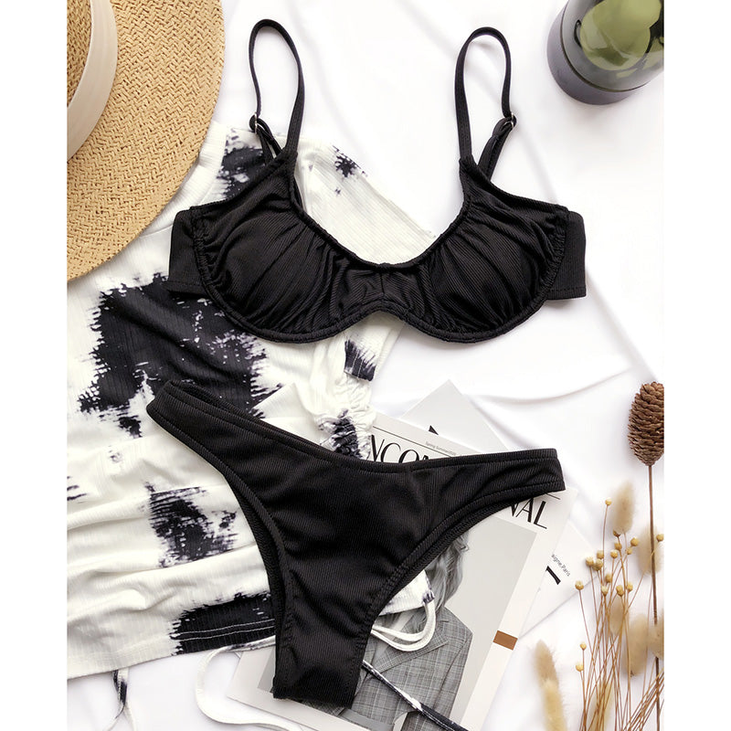 Push Up Bikinis Ribbed Swimsuits Women Swimwear Solid Ruched Bathing Suits High Leg Beachwear 2021 New Sexy Biquini